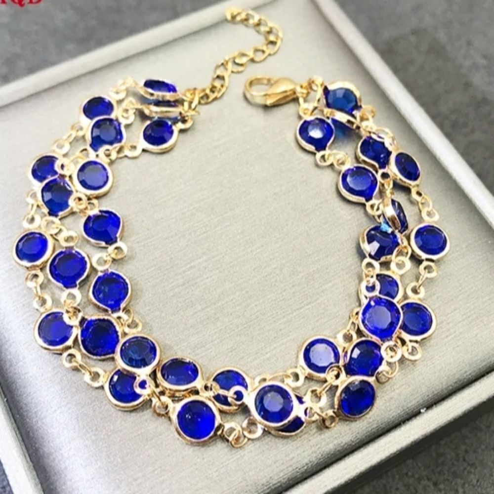 Blue Glass Stainless Steel Gold Bracelet Lobster Clasp